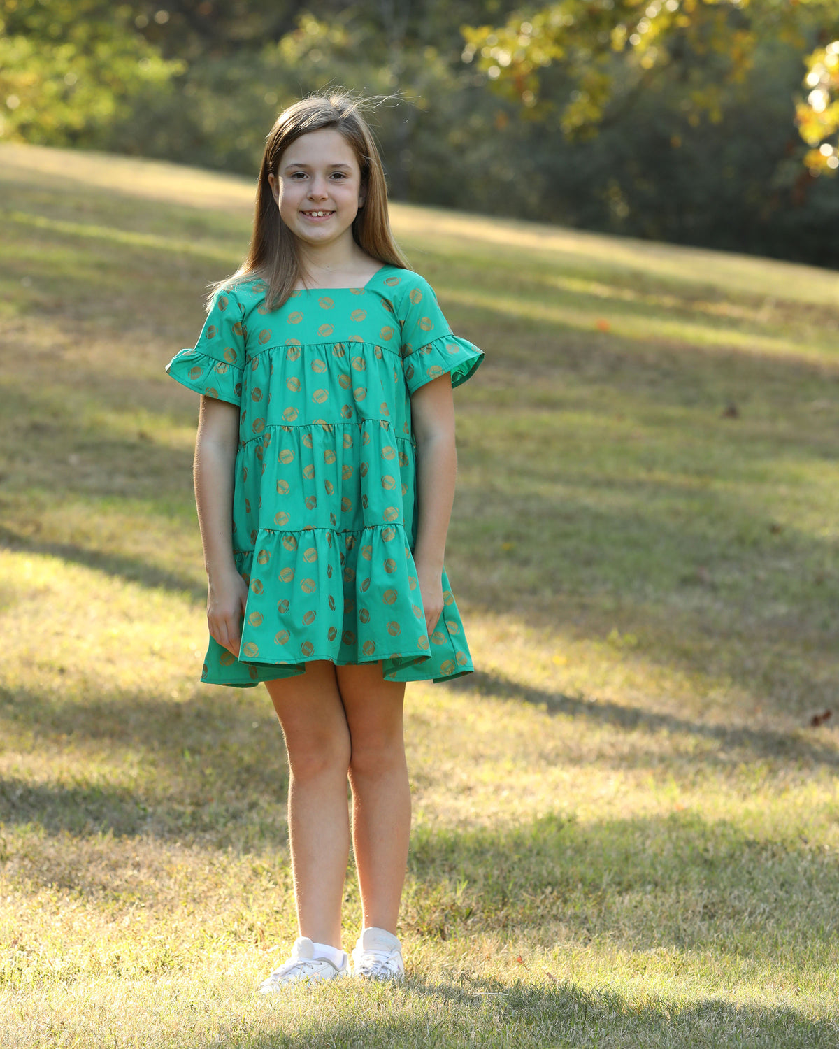 Game Day Tiered Dress with Footballs - Green