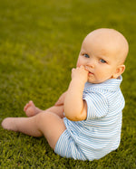 Game Day Rhett Romper - Light Blue and White Stripe