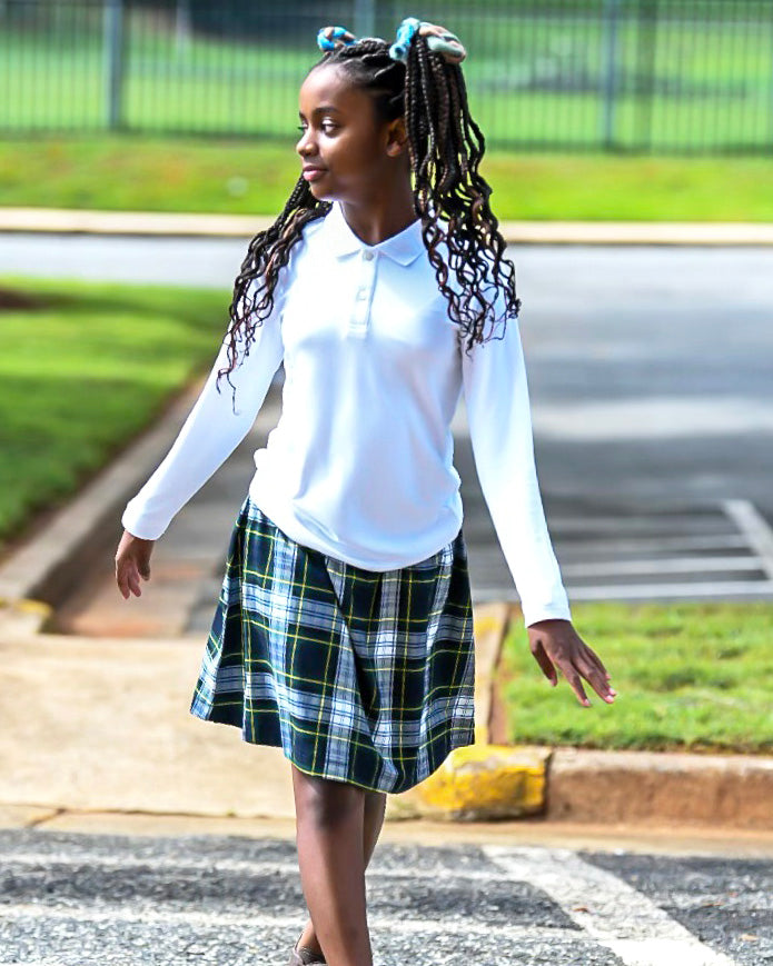 TYL Scholar Gathered Waist Skirt in White/Evergreen Plaid