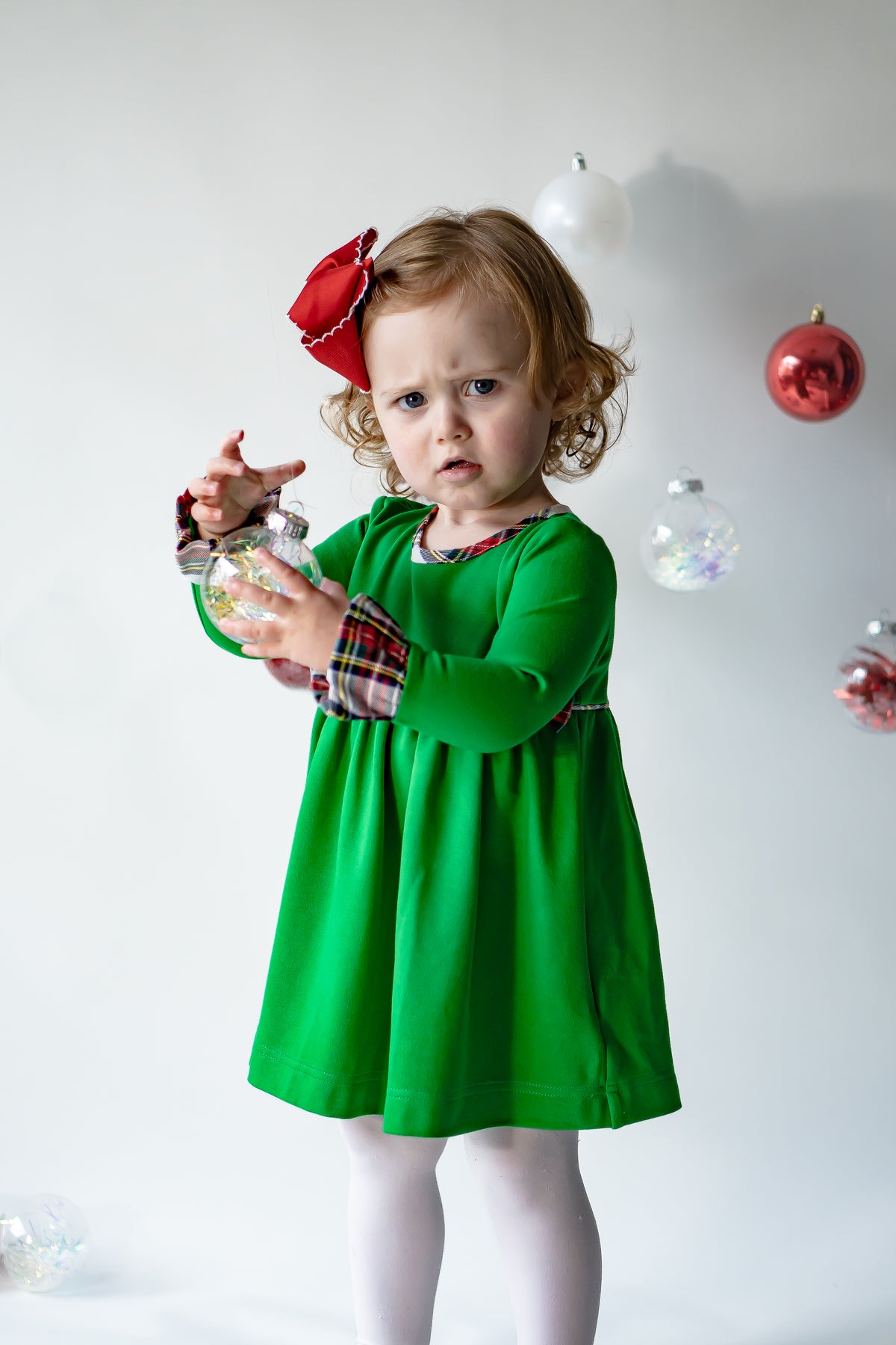 North Pole Plaid - Beatrice Bow Petite Dress in Green Knit