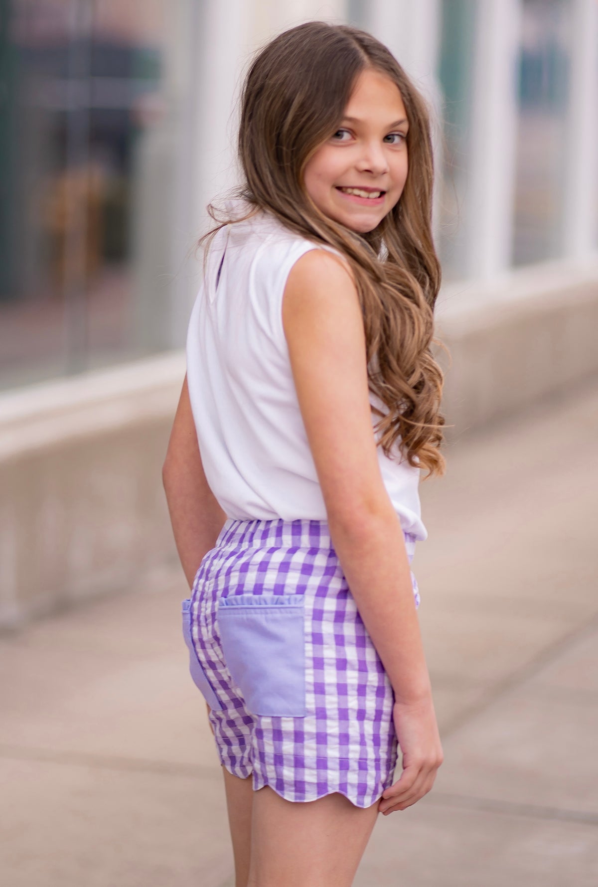 Katie Shorts in Purple Gingham Seersucker