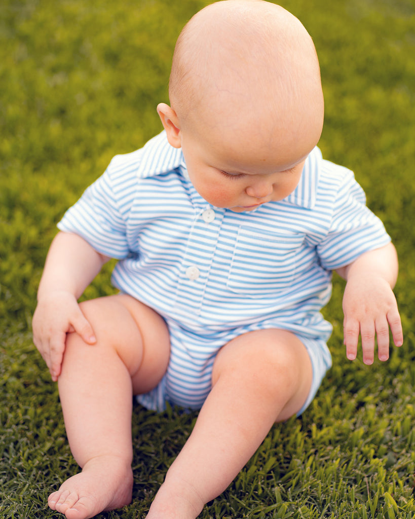 Game Day Rhett Romper - Light Blue and White Stripe