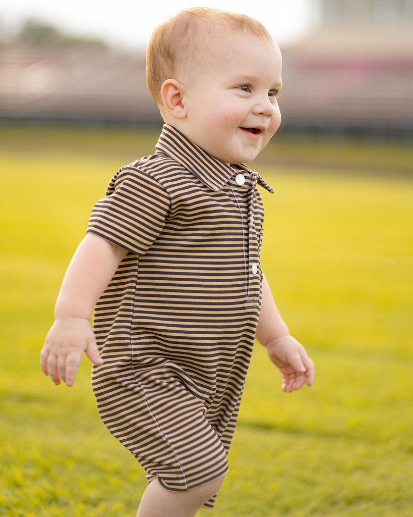 Game Day Rhett Romper - Black and Gold Stripe