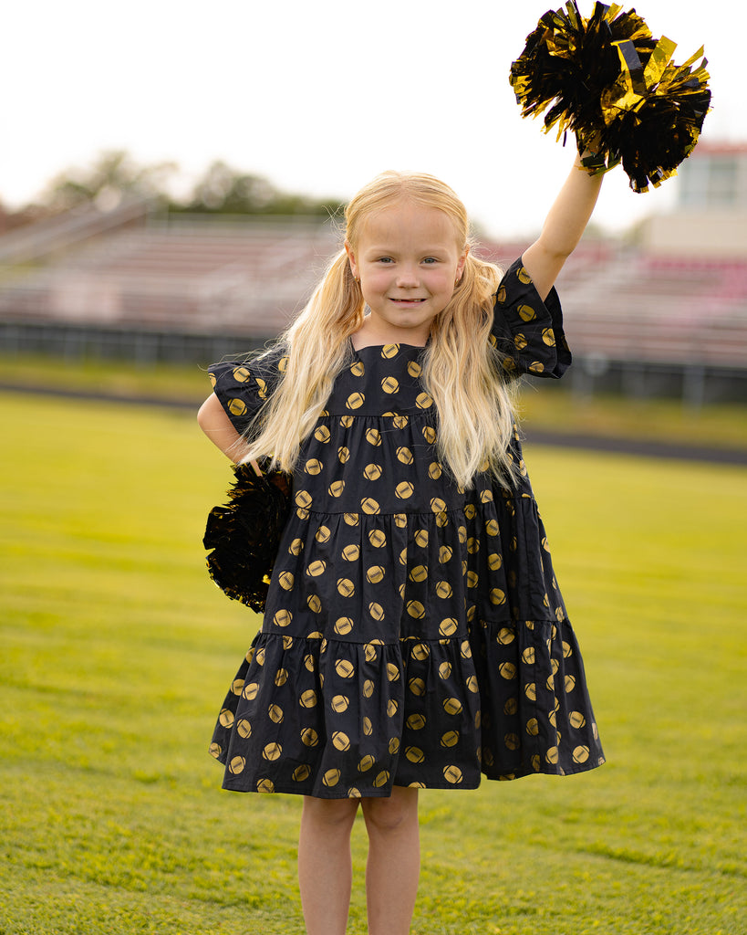 Game Day Tiered Dress with Footballs - Black and Gold