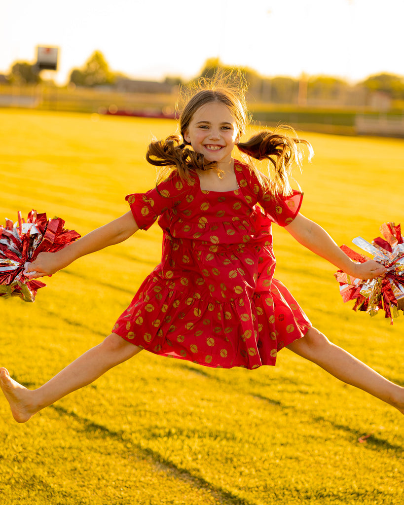 Game Day Tiered Dress with Footballs - Red