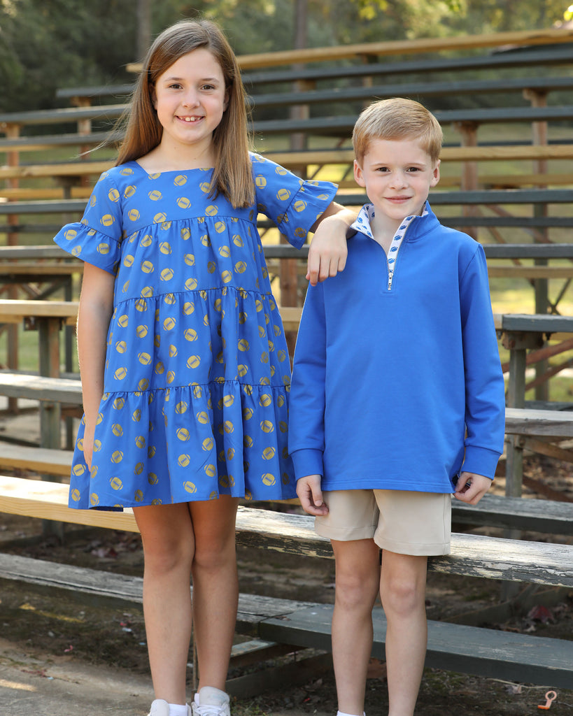 Game Day Tiered Dress with Footballs - Blue