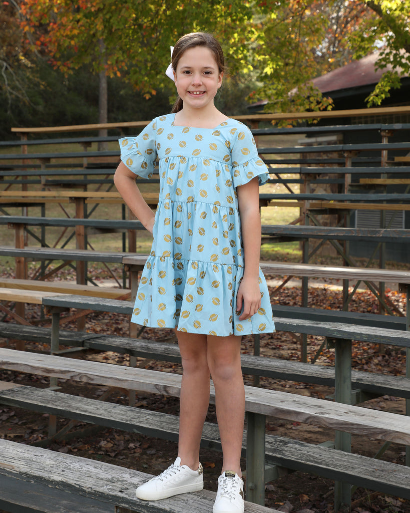 Game Day Tiered Dress with Footballs - Light Blue