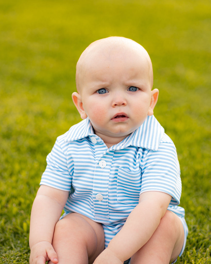 Game Day Rhett Romper - Light Blue and White Stripe