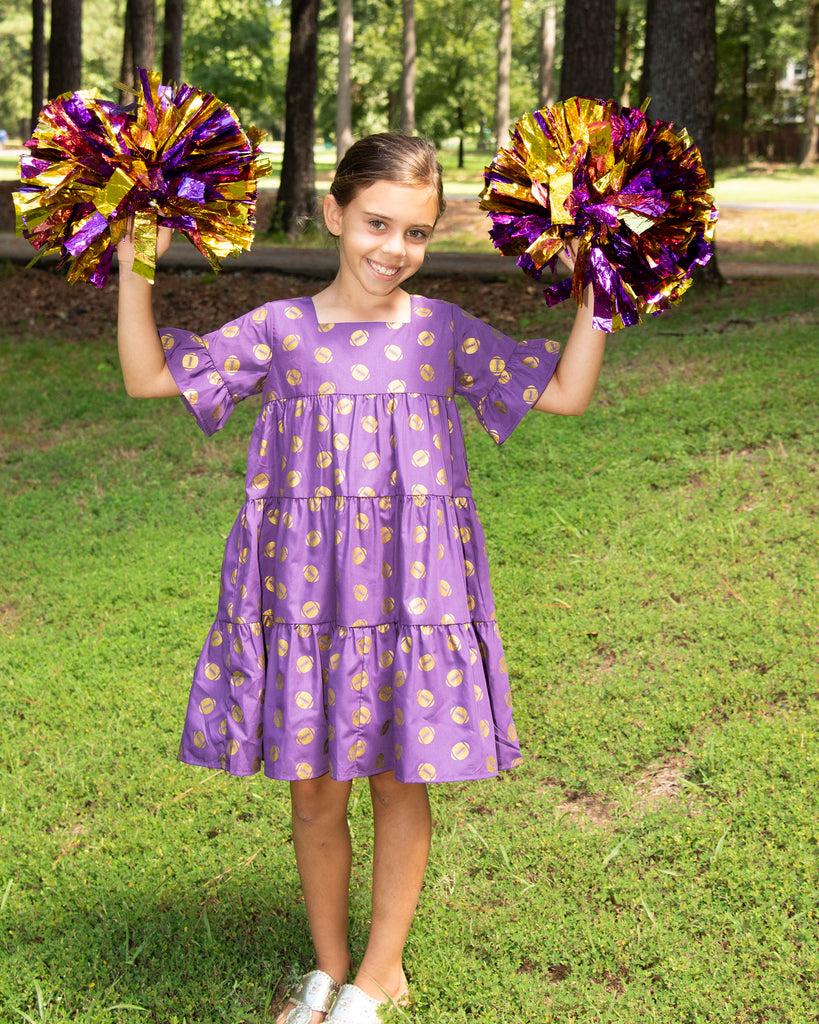 Game Day Tiered Dress with Footballs - Purple