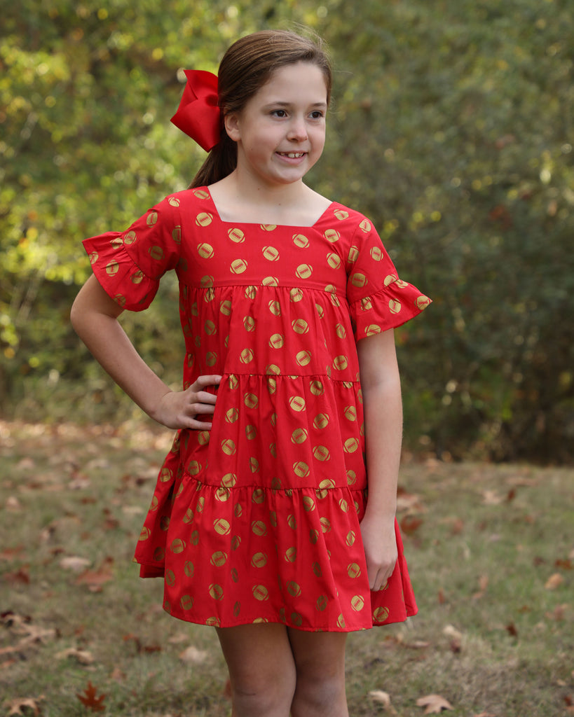 Game Day Tiered Dress with Footballs - Red