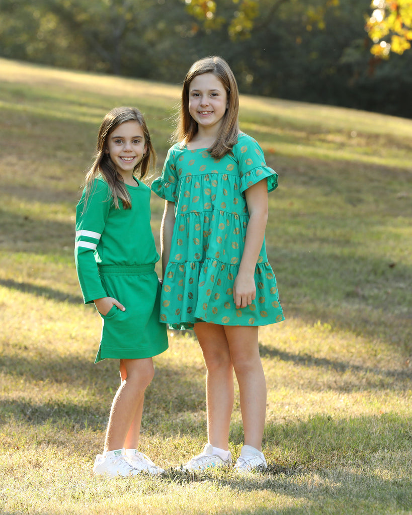 Game Day Tiered Dress with Footballs - Green