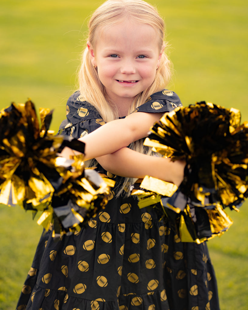 Game Day Tiered Dress with Footballs - Black and Gold