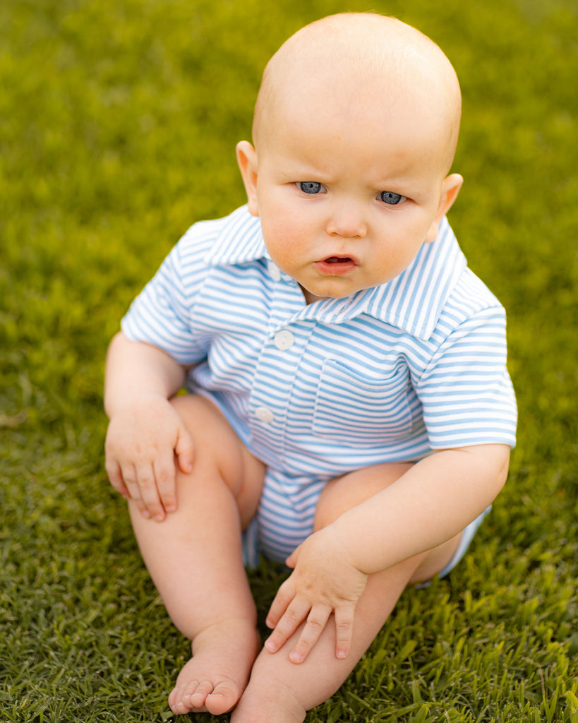 Game Day Rhett Romper - Light Blue and White Stripe