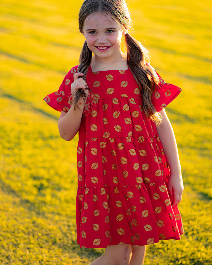 Game Day Tiered Dress with Footballs - Red