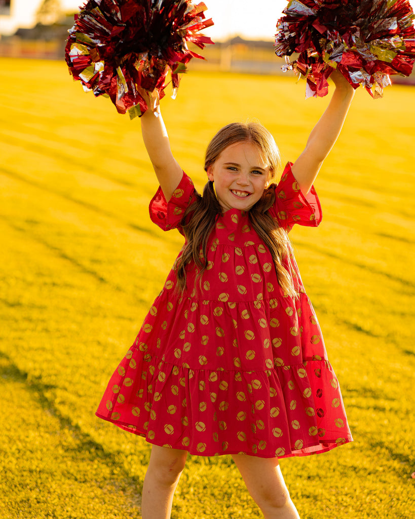 Game Day Tiered Dress with Footballs - Red