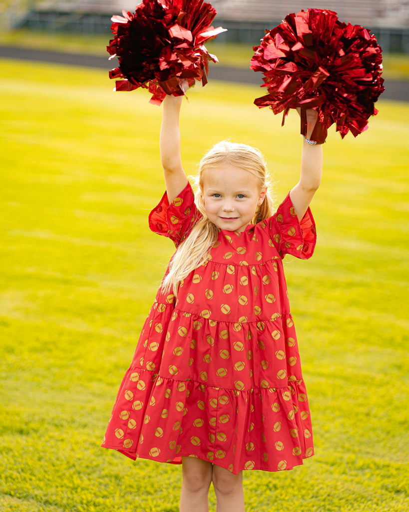 Game Day Tiered Dress with Footballs - Red