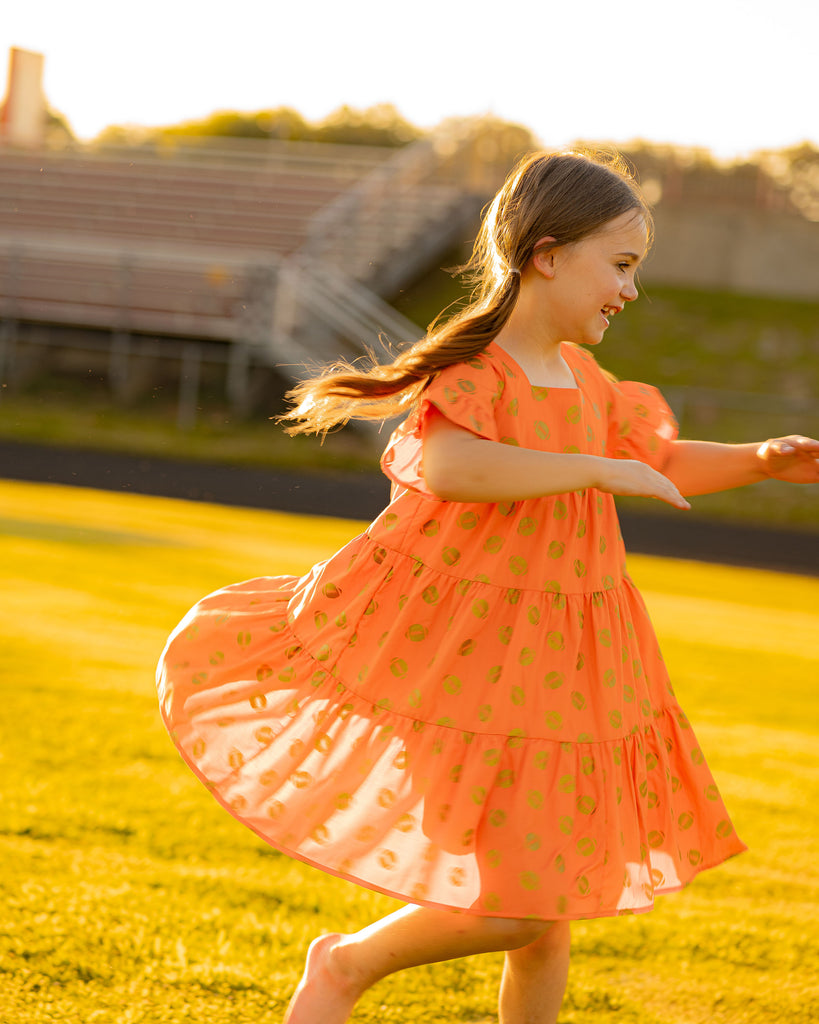 Game Day Tiered Dress with Footballs - Orange