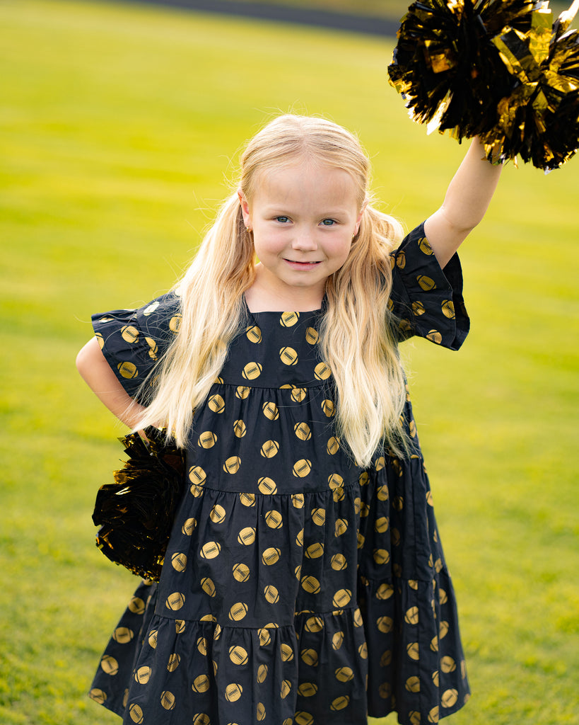 Game Day Tiered Dress with Footballs - Black and Gold