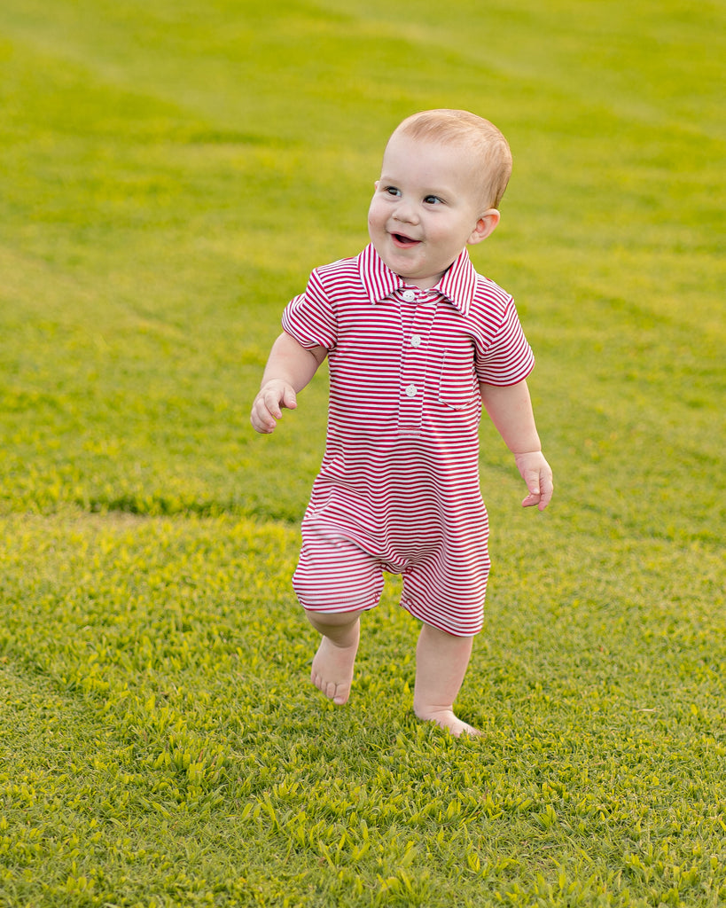 Game Day Rhett Romper - Burgundy and White Stripe