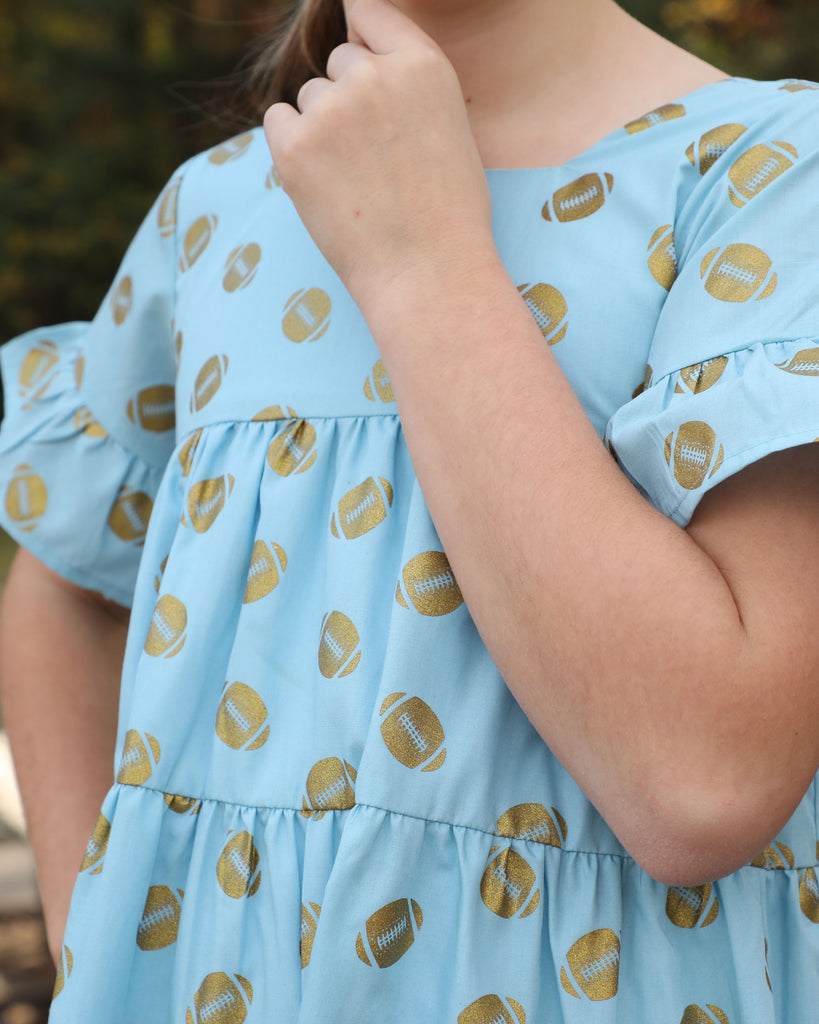 Game Day Tiered Dress with Footballs - Light Blue