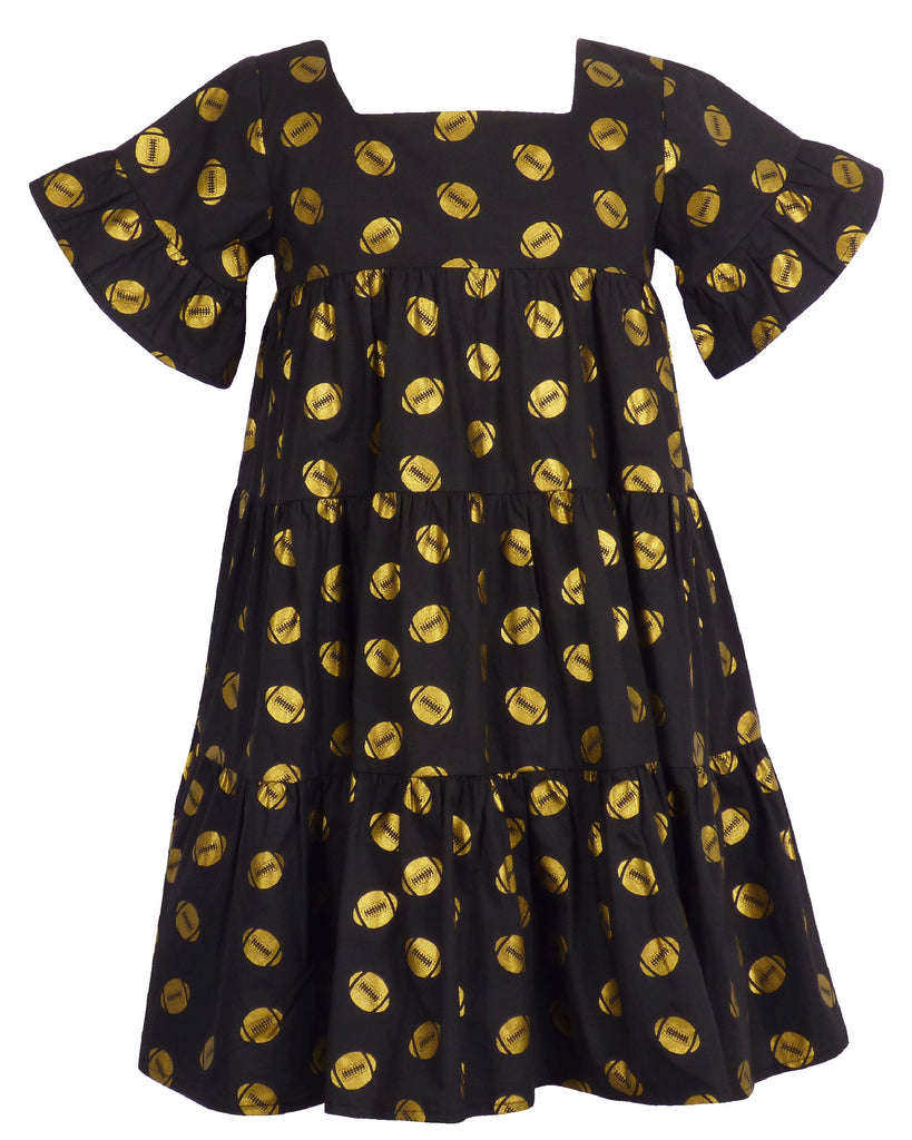 Game Day Tiered Dress with Footballs - Black and Gold