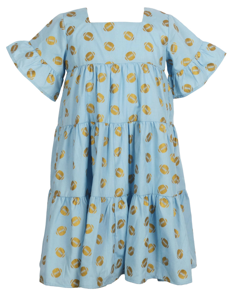 Game Day Tiered Dress with Footballs - Light Blue