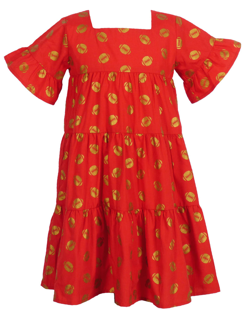 Game Day Tiered Dress with Footballs - Red