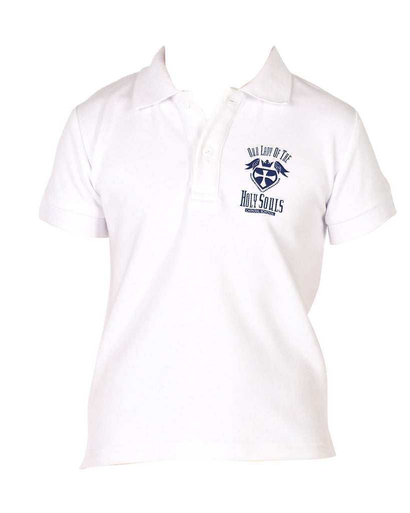 TYL Scholar Knit Polo - White with Holy Souls Crest