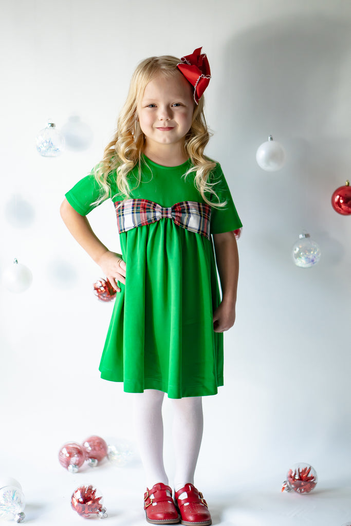 North Pole Plaid - Beatrice Bow Dress in Green Knit