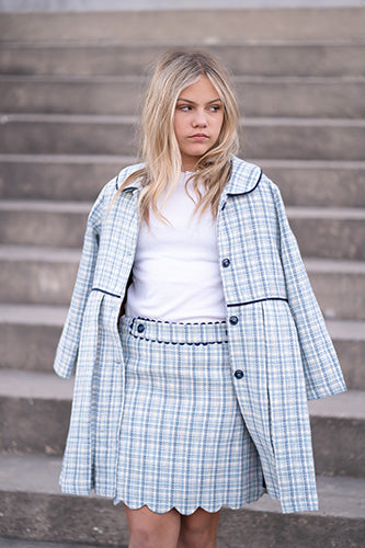 Britton Scalloped Skirt in Blue Jacquard Plaid