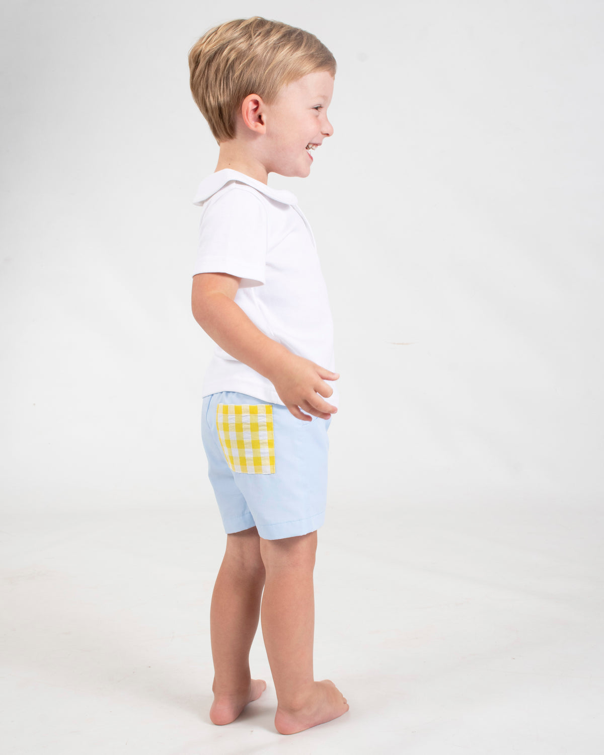 Alexander Short in Blue with Yellow Gingham Seersucker Pocket