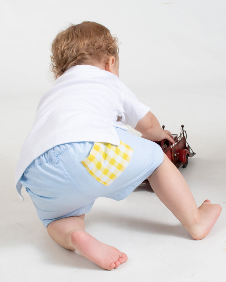Alexander Short in Blue with Yellow Gingham Seersucker Pocket