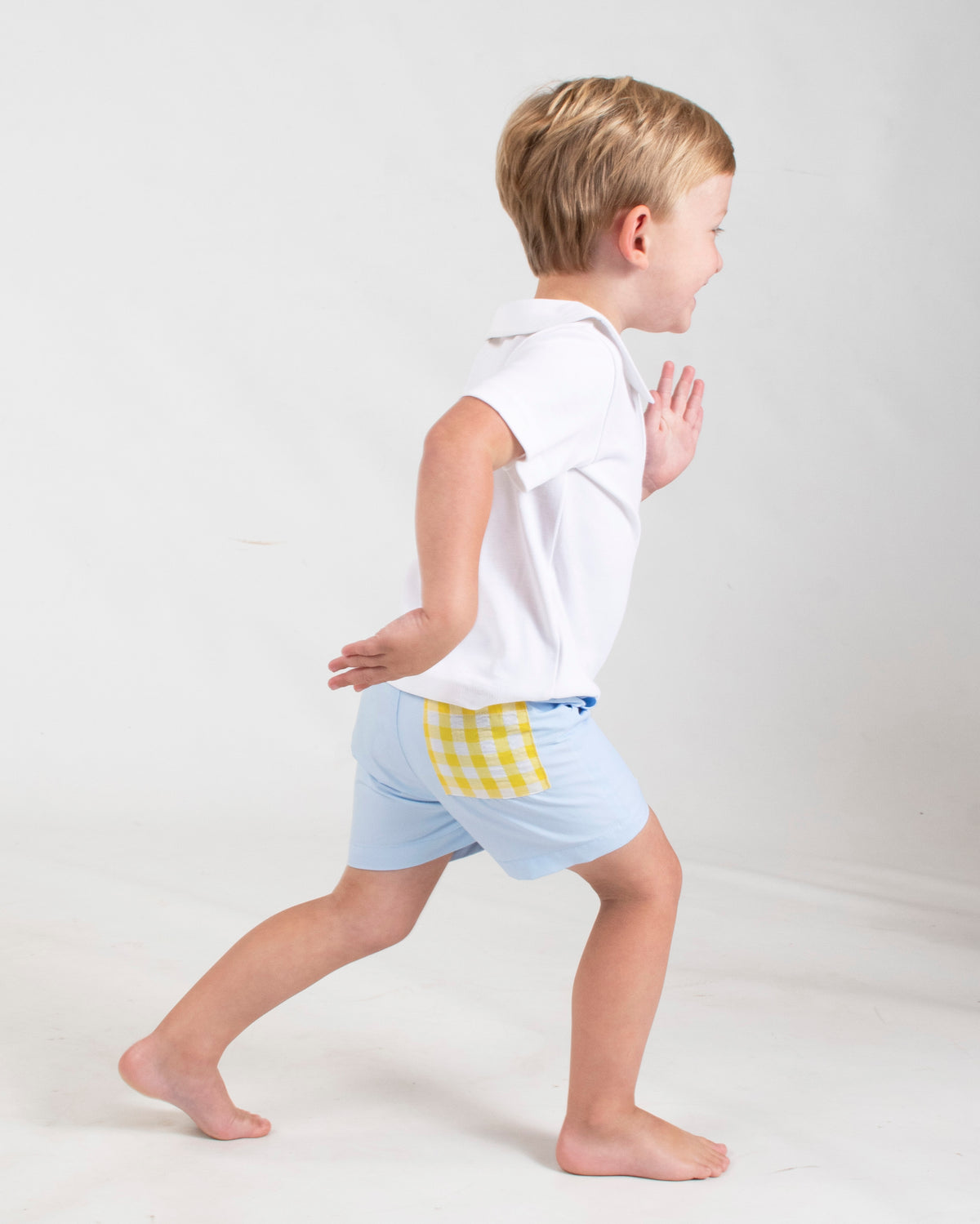 Alexander Short in Blue with Yellow Gingham Seersucker Pocket